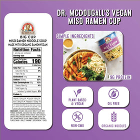 Dr. McDougall's Right Foods miso ramen cup with spoon, ideal for desk-side lunch.
