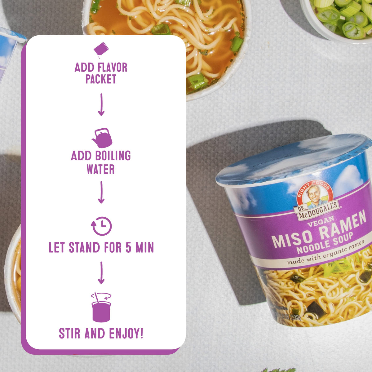 Dr. McDougall's Right Foods miso ramen ingredients including wakame seaweed hint at authentic flavor.