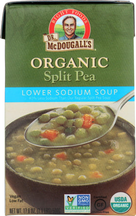 Dr McDougall's Right Foods organic low sodium split pea soup can on shelf, convenient meal option