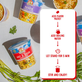 Six-pack of Dr. McDougall's Right Foods ramen cups ready for weeknight dinners.