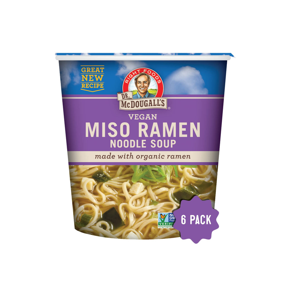 Dr. McDougall's Right Foods vegan miso ramen cup front view, ready for a quick satisfying meal.