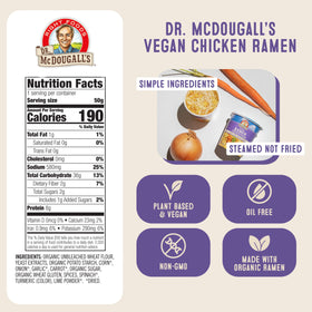 Dr. McDougall's ramen broth close-up highlights organic, non-GMO profile.