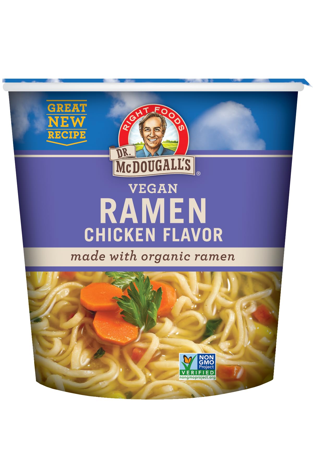 Dr. McDougall's Right Foods vegan ramen chicken soup cup shows oil-free comfort for quick meals.