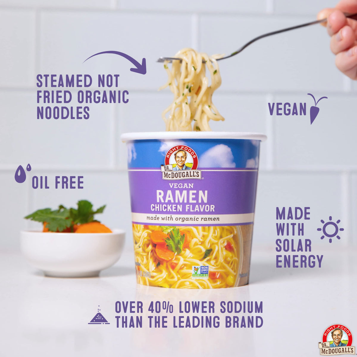 Dr. McDougall's vegan ramen chicken soup noodles close-up reveals simple, wholesome ingredients.