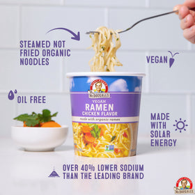 Dr. McDougall's vegan ramen chicken soup noodles close-up reveals simple, wholesome ingredients.