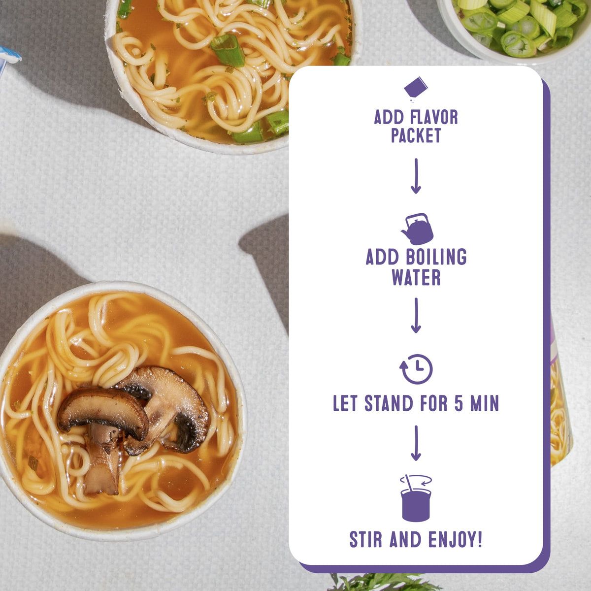 Dr. McDougall's ramen cup in a pantry setup highlights oil-free convenience.