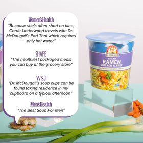 Dr. McDougall's ramen cup ready-to-serve scene emphasizes quick, plant-based nourishment.