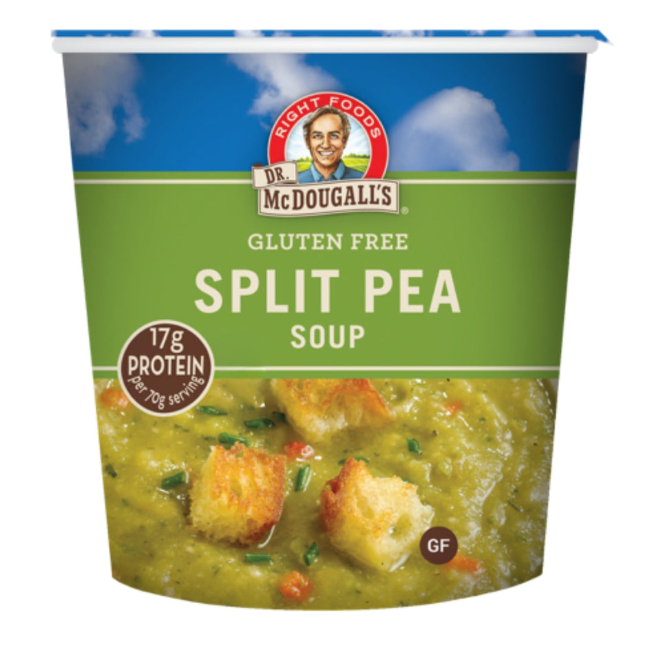 Dr. McDougall's Right Foods vegan split pea soup cup, gluten-free and convenient.
