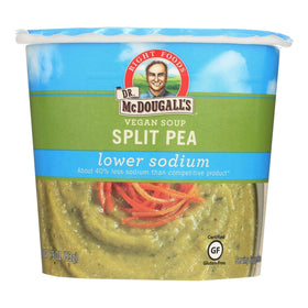 Dr. McDougall's Right Foods vegan split pea soup cups top view, ready-to-heat lunch option.