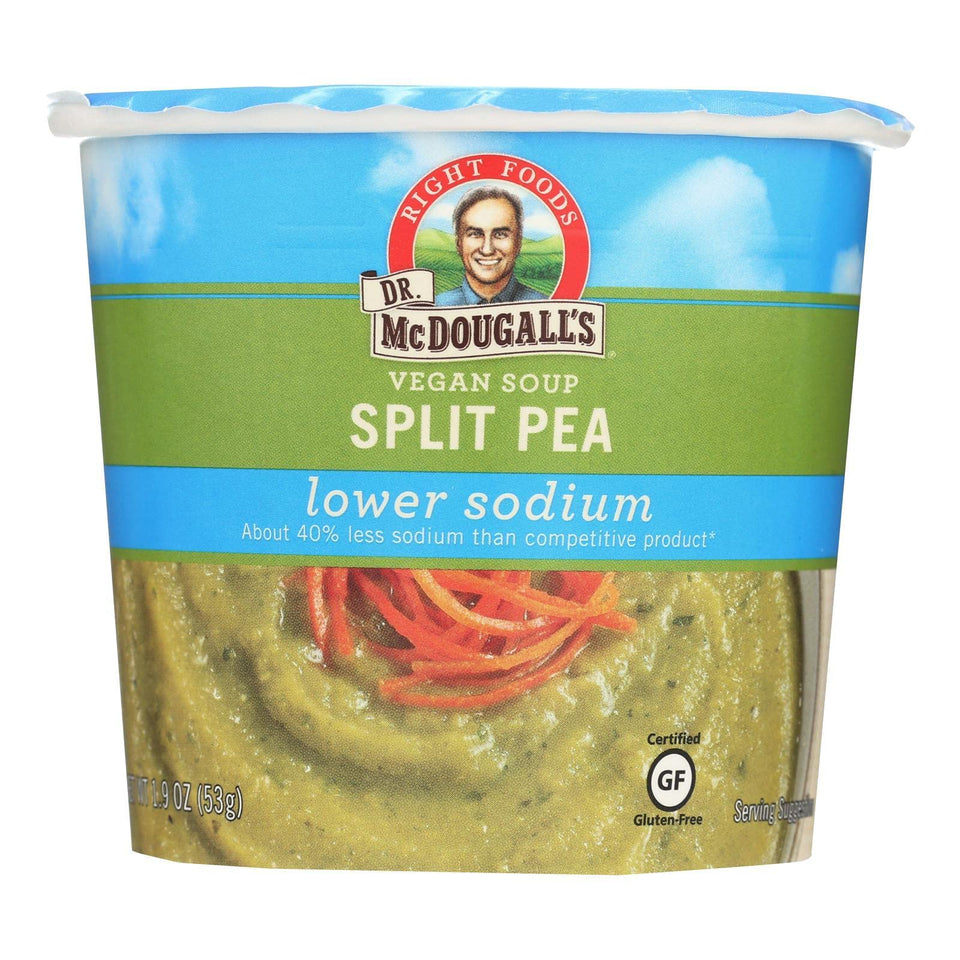 Dr. McDougall's Right Foods vegan split pea soup cups top view, ready-to-heat lunch option.