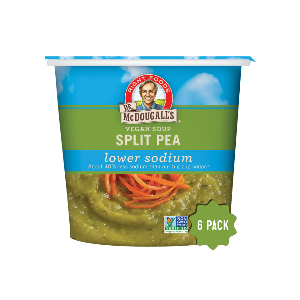 Dr. McDougall's Right Foods vegan split pea soup cups show a low-sodium, fiber-rich option.