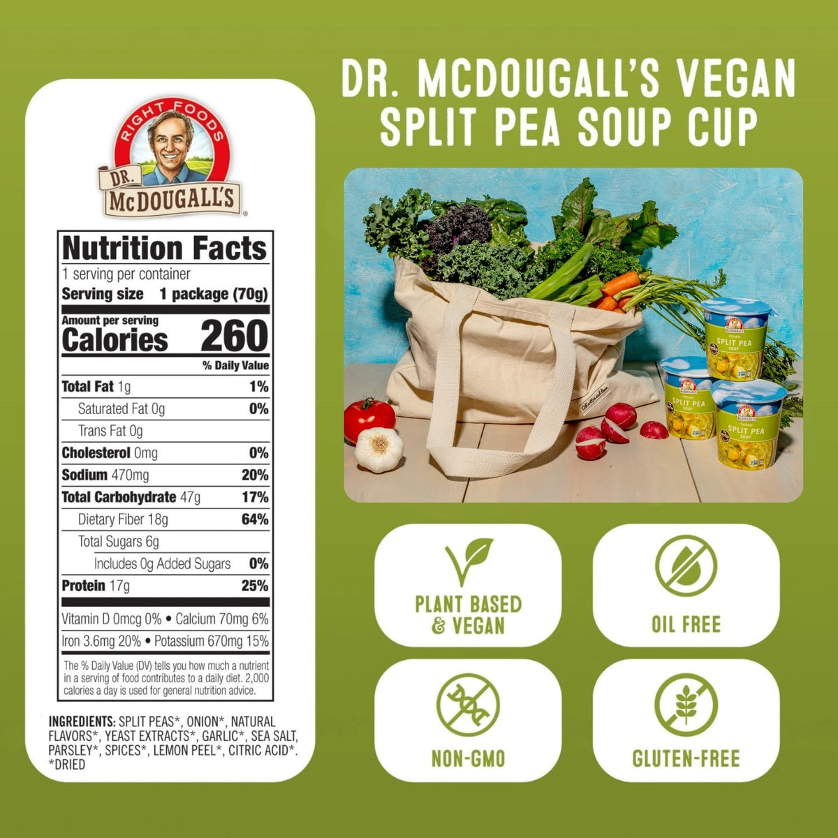 Dr. McDougall's Right Foods vegan split pea soup ramen cup, low-sodium vegan meal.