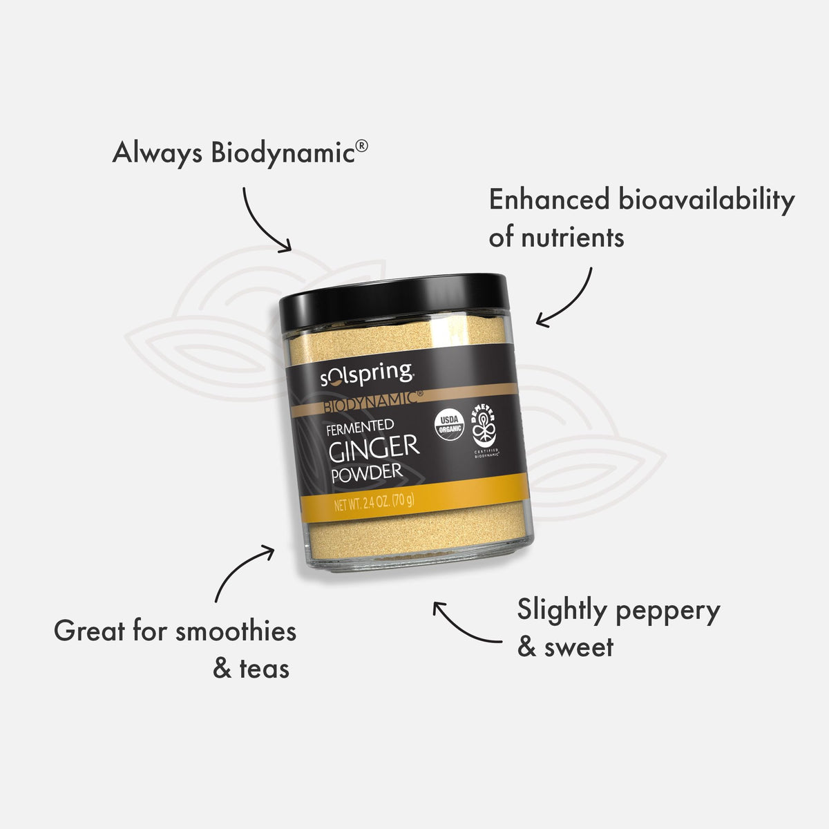 Dispensing scoop with Dr. Mercola Solspring ginger powder demonstrates easy kitchen use.
