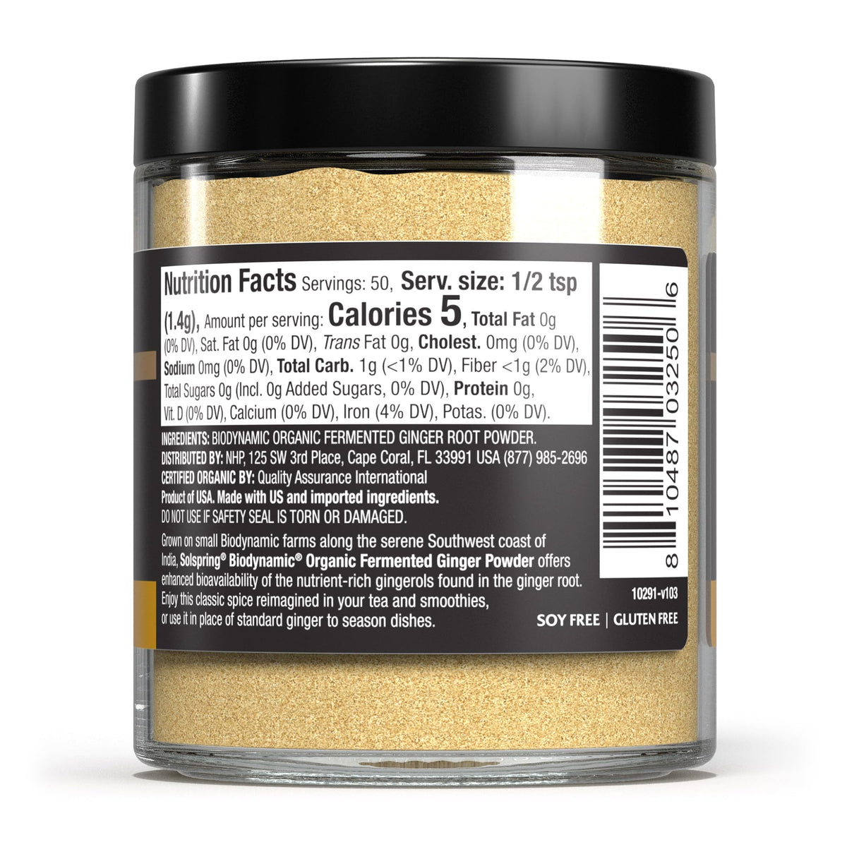 Dr. Mercola Solspring ginger powder jar close-up captures rich aroma.