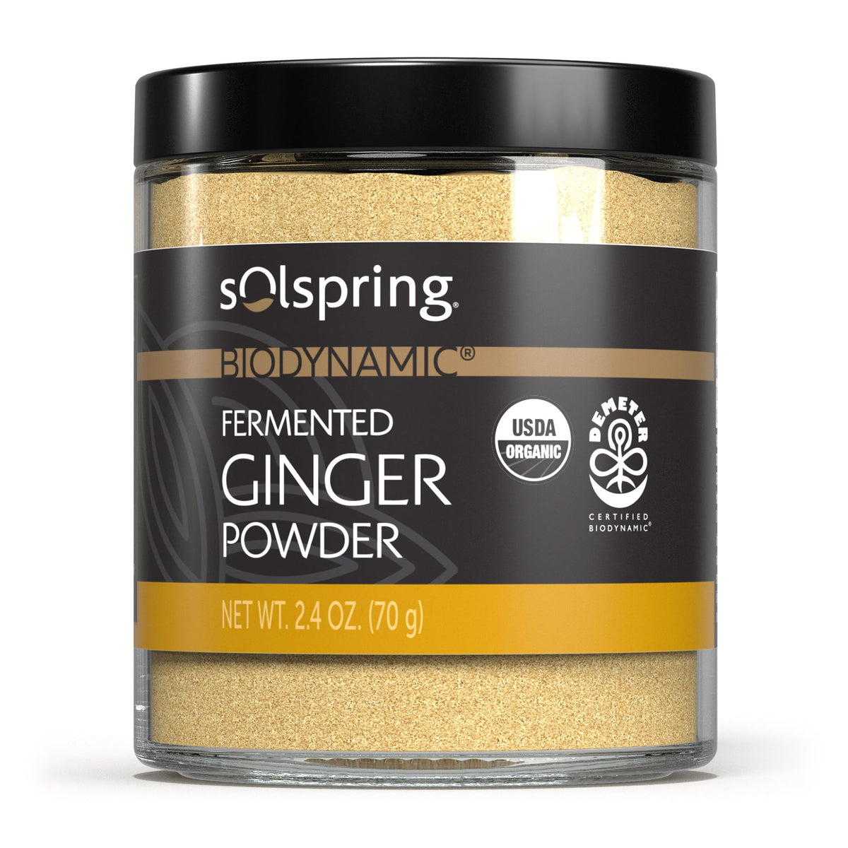 Dr. Mercola Solspring ginger powder label highlights biodynamic sourcing and fermentation.