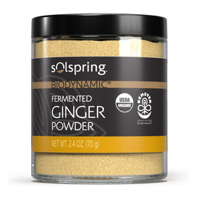 Dr. Mercola Solspring ginger powder label highlights biodynamic sourcing and fermentation.
