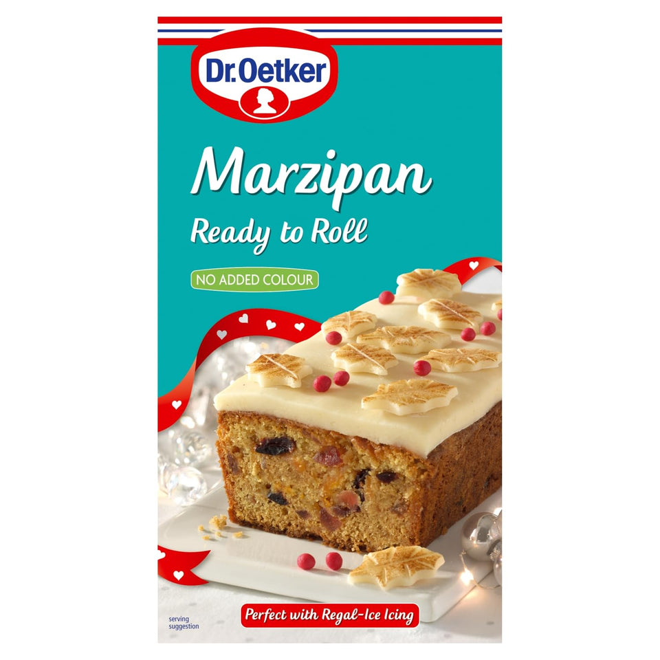 Dr. Oetker Marzipan ready-to-roll packaging for easy cake covering