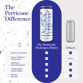 Dr. Perricone Hydrogen Water bottle resting on a gym bag for on-the-go hydration.