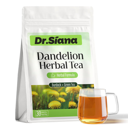 Dr. Siana dandelion tea bag in cup with steam, potential digestive support