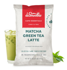 Dr. Smoothie Café Essentials Matcha Latte Frappé Mix pouch on display for quick pantry access