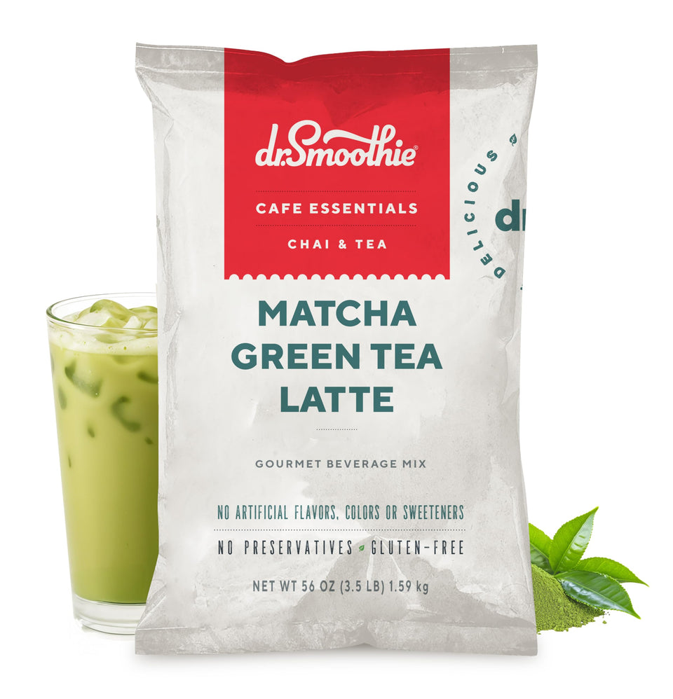Dr. Smoothie Café Essentials Matcha Latte Frappé Mix pouch on display for quick pantry access
