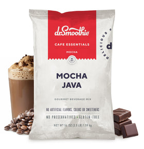 Dr. Smoothie Café Essentials Mocha Java Frappe Mix bag on shelf, ready for café or home use.