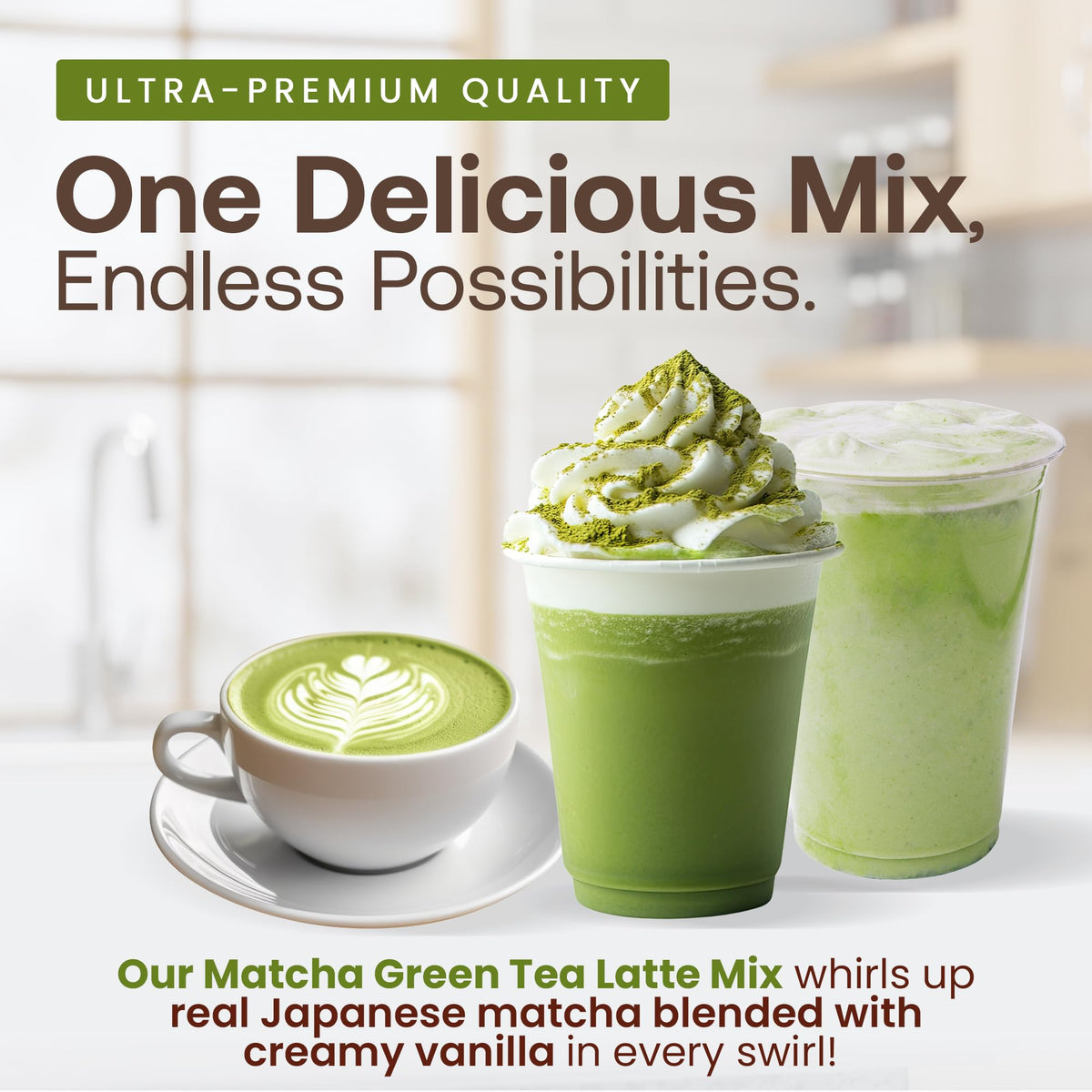 Dr. Smoothie Matcha vanilla powder closeup highlighting authentic green tea aroma