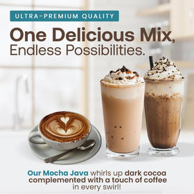 Dr. Smoothie Mocha Java Frappe mug steaming with rich aroma and smooth chocolate-coffee notes.