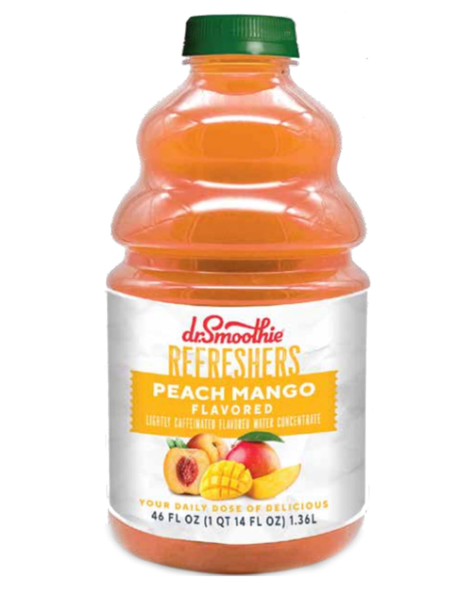 Dr. Smoothie Refreshers Peach Mango bottle label showcases real fruit juice flavor for on-the-go refreshment.