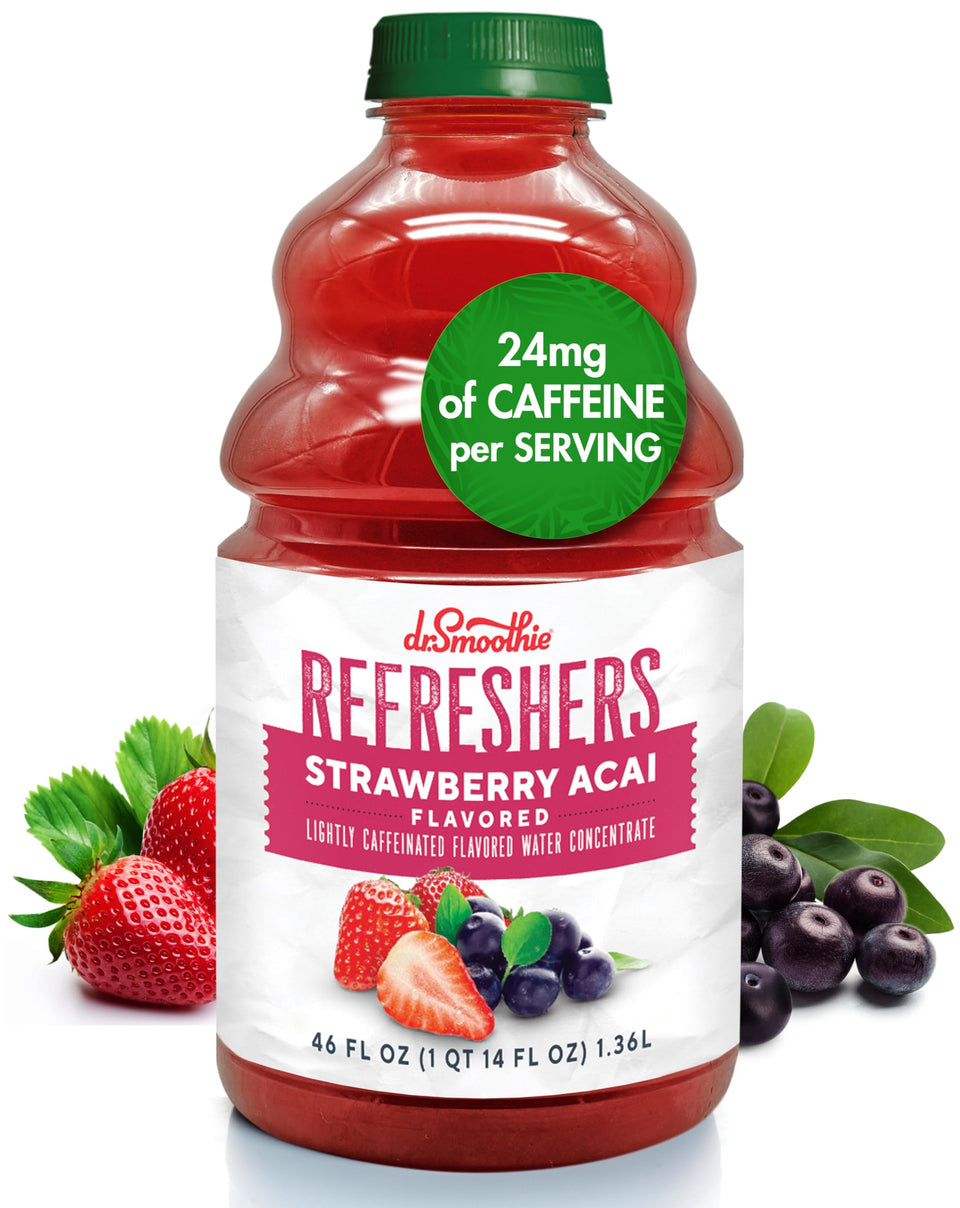 Dr. Smoothie Refreshers Strawberry Acai bottle ready-to-mix for quick, real-fruit beverages at home.