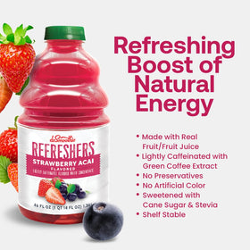 Dr. Smoothie Refreshers Strawberry Acai label close-up highlights real-fruit juice blend.