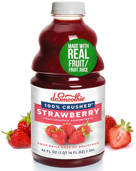 Dr. Smoothie strawberry concentrate bottle highlights real fruit flavor for quick smoothies.