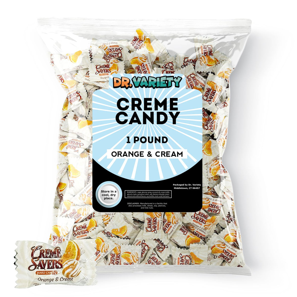 Dr Variety Creme Saver orange and creme hard candy bulk pack in a resealable bag for party bowls