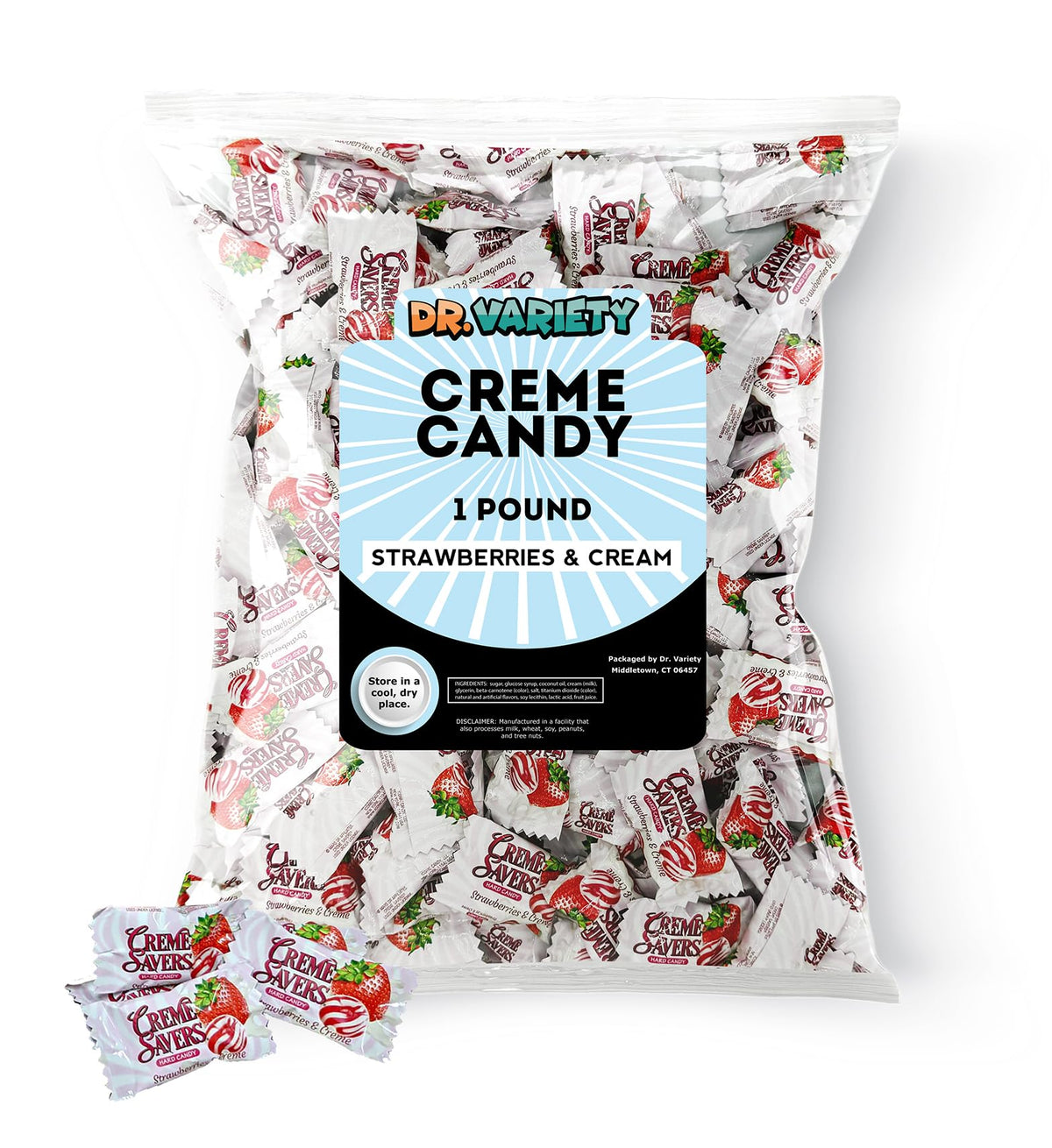 Dr. Variety Creme Savers Strawberry & Creme hard candies in a 1 lb bulk bag for sharing.