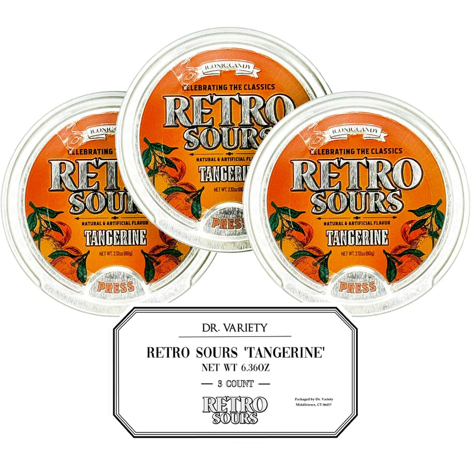 Dr. Variety Retro Sours Tangerine Drops tin front view, perfect for gifting and nostalgia.