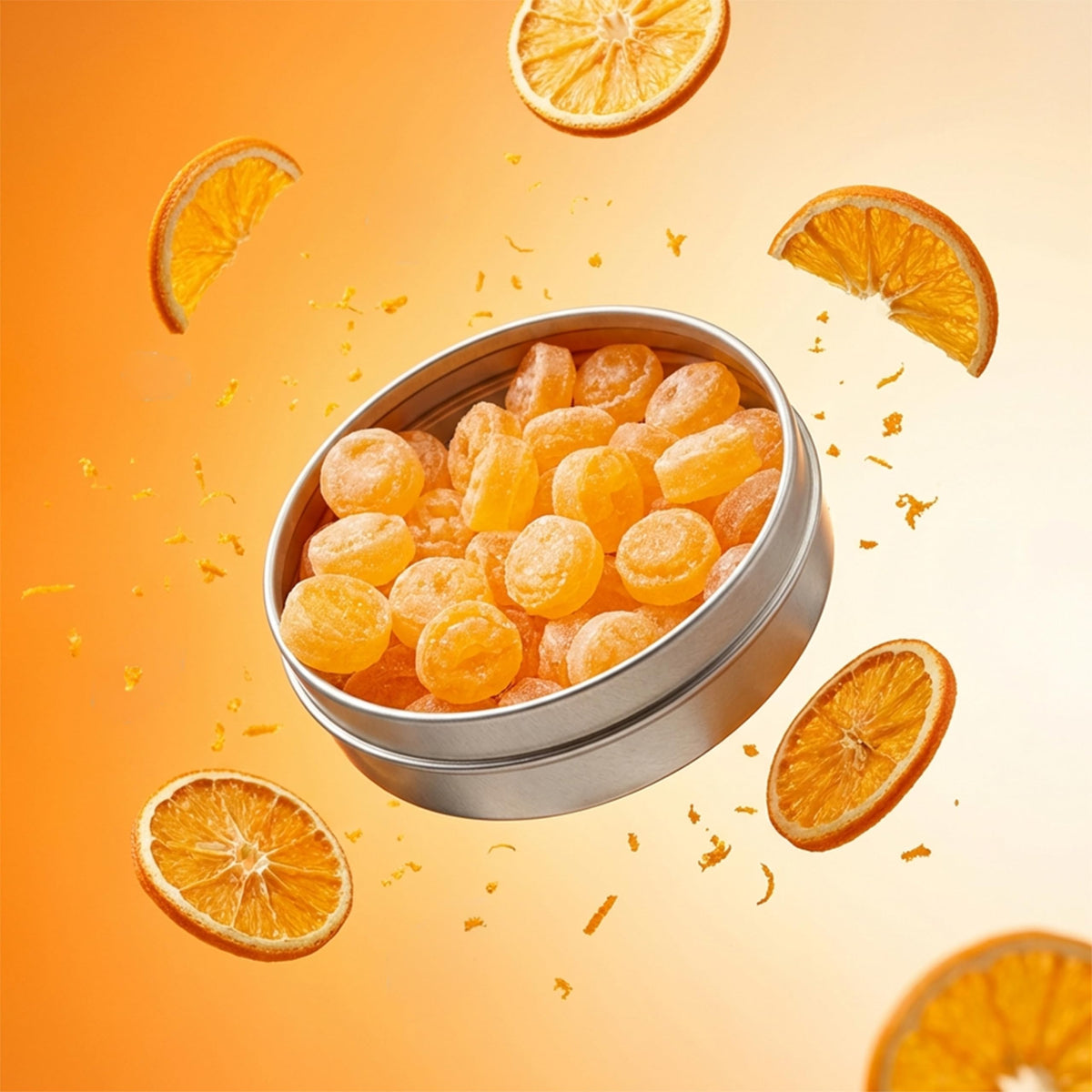 Dr. Variety Retro Sours Tangerine Drops tin open with candies ready for shareable portions.