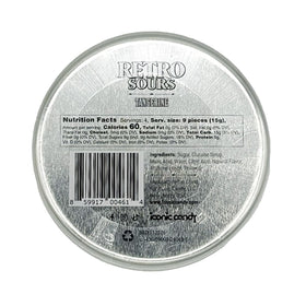 Dr. Variety Retro Sours Tangerine Drops tin packaging showing reusable tins for on-the-go snacking.