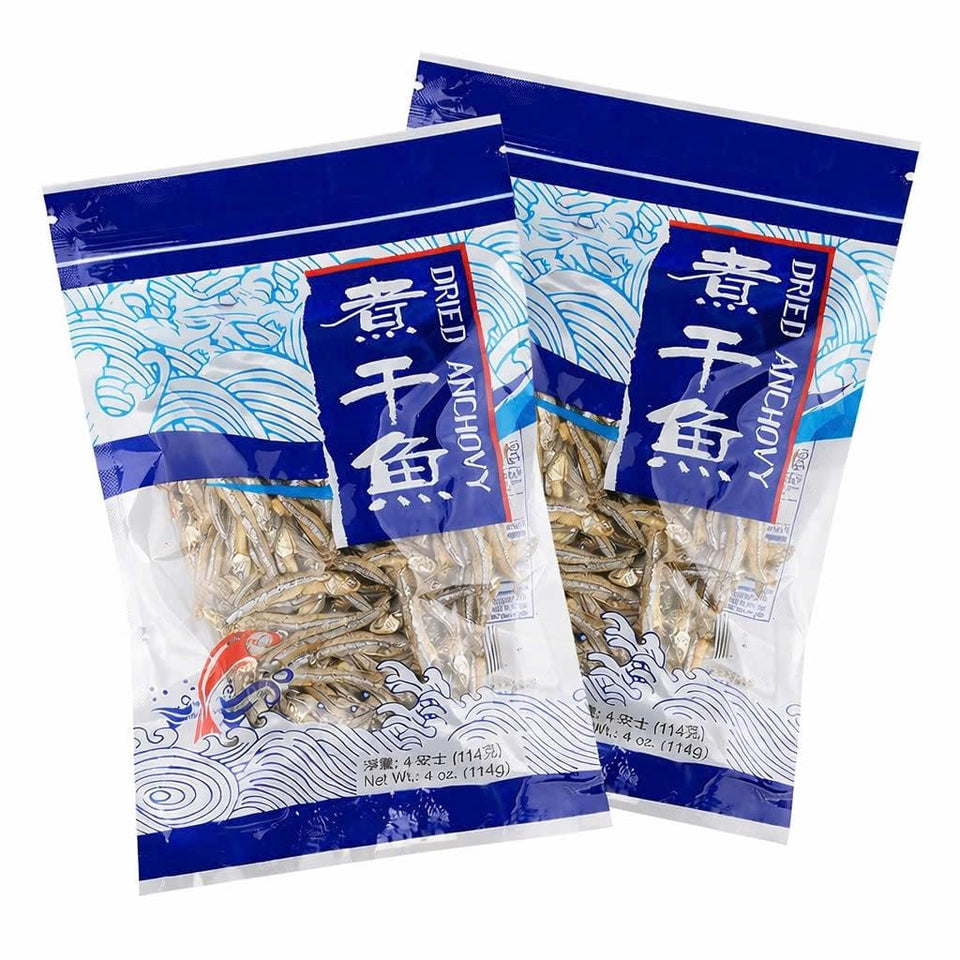 DragonDish dried anchovies pack image showing two 4 oz portions for protein-packed snacking