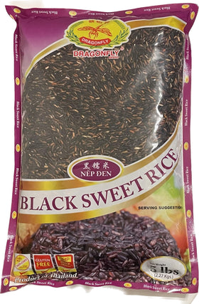 Dragonfly Black Sweet Rice bag front; premium Thai rice ideal for purple sticky desserts