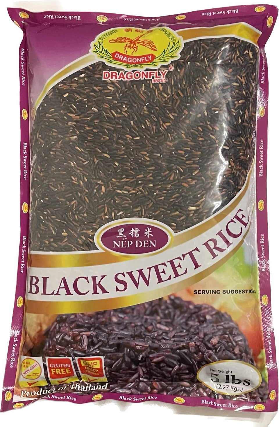 Dragonfly Black Sweet Rice bag front; premium Thai rice ideal for purple sticky desserts