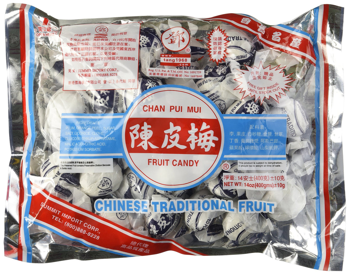 DragonMall Chan Pui Mui preserved plum pack shot showing tangy glaze and bite-sized pieces.