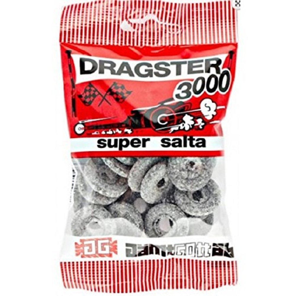 Dragster 3000 Super Salt original Swedish licorice bag, ideal for sharing at gatherings.