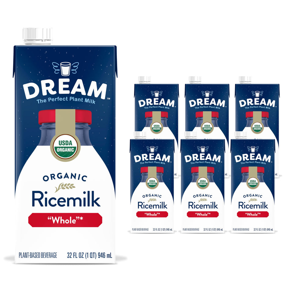 Dream Blends Rice Milk carton front view highlighting organic, dairy-free dairy alternative