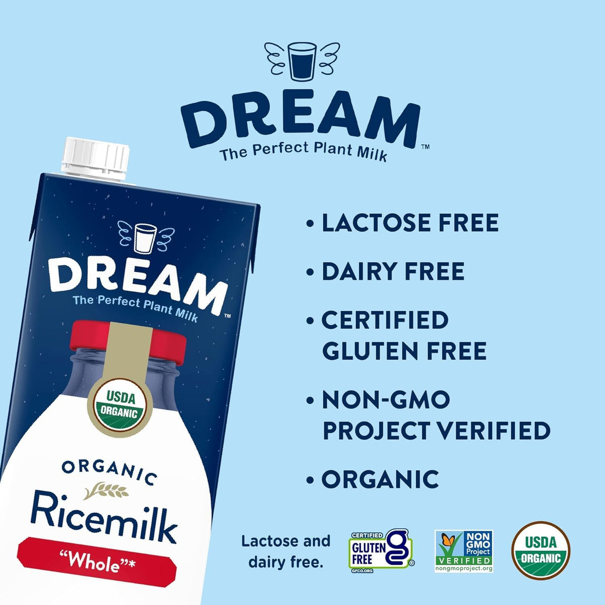 Dream Blends Rice Milk label closeup reveals shelf-stable packaging and original flavor