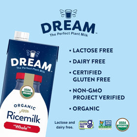 Dream Blends Rice Milk label closeup reveals shelf-stable packaging and original flavor