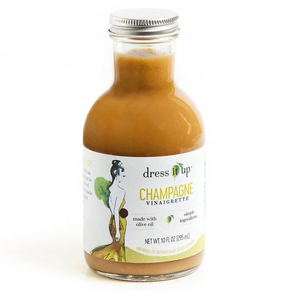Dress It Up Champagne Vinaigrette bottle ready to elevate salads with bright flavor.