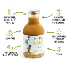 Dress It Up Champagne Vinaigrette ingredients highlight herbs and champagne vinegar pairing with greens.