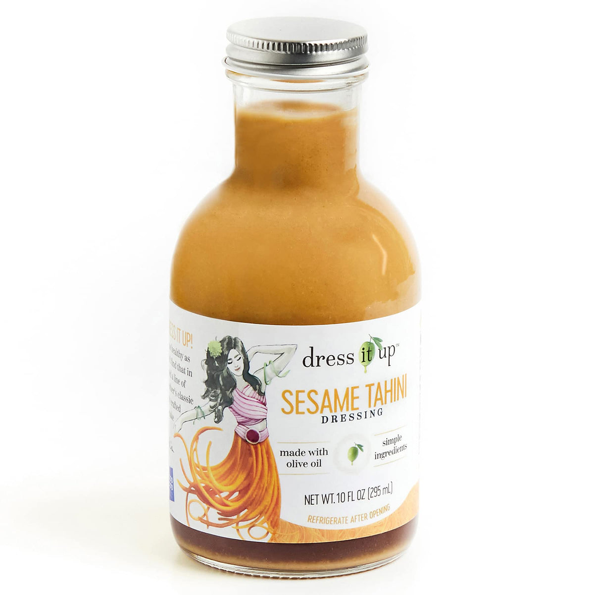 Dress It Up Sesame Tahini Dressing bottle on a counter, ready to upgrade greens.