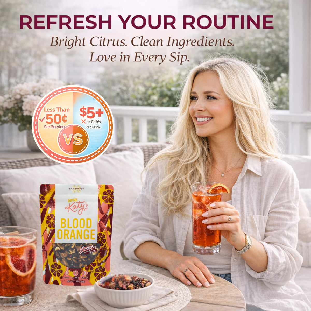 DRINK KATY'S Blood Orange loose-leaf aroma closeup emphasizes full flavor potential.
