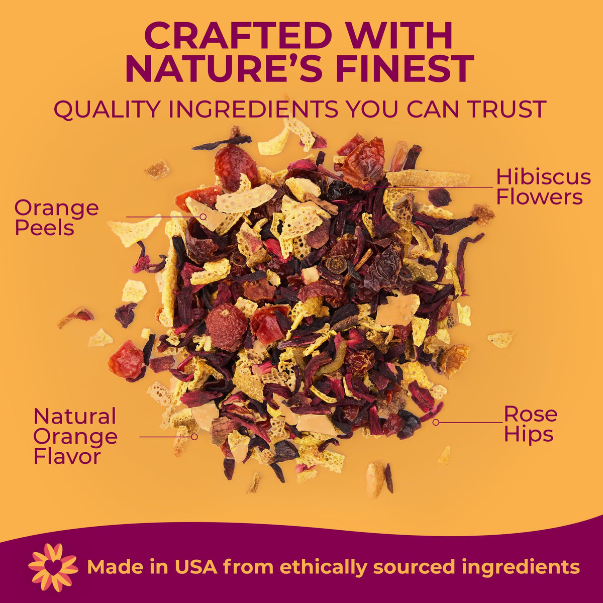 DRINK KATY'S Blood Orange loose-leaf ingredients hibiscus and rose hips appear vibrant during brewing.